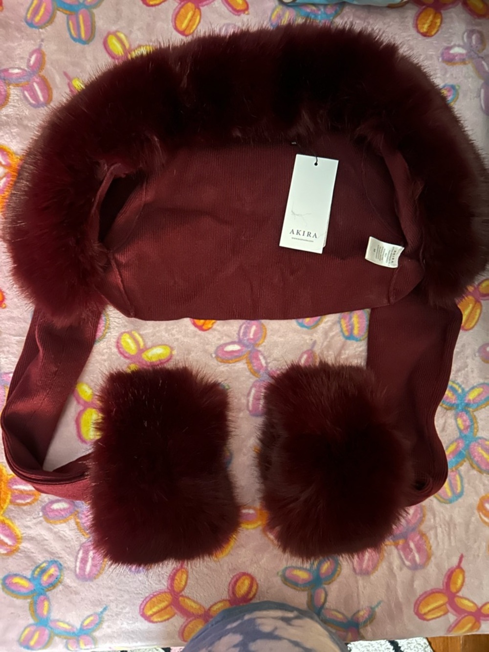 Akira Burgundy Fur-Trim jacket with Pom Pom sleeves